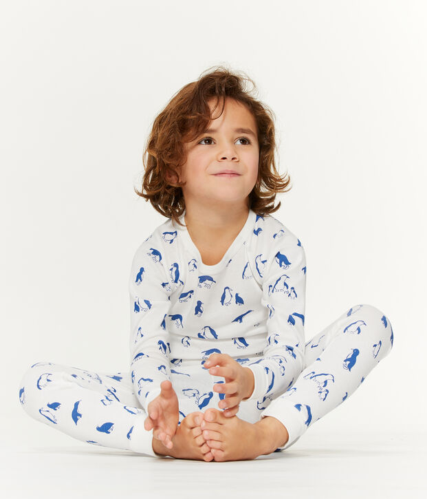 Pyjama mixte en bouclette &eacute;ponge gratt&eacute;e extra chaude blanc/bleu