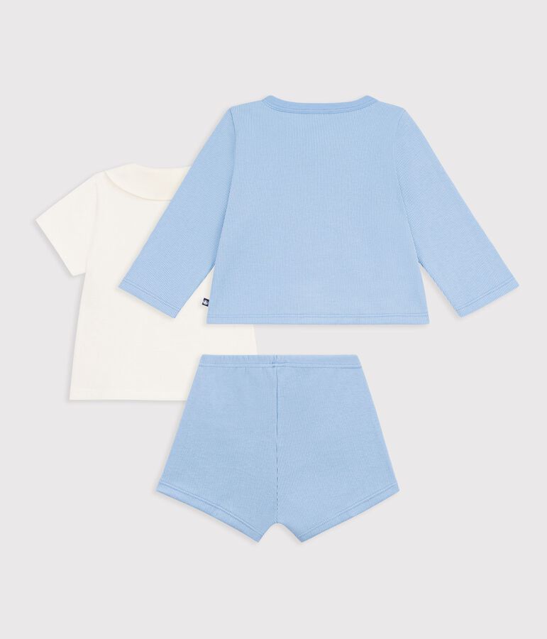 Ensemble 3 pi&egrave;ces b&eacute;b&eacute; en coton avec broderies au col bleu