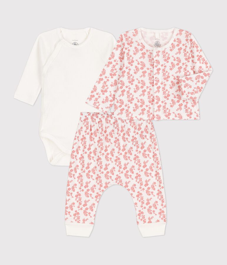 Ensemble 3 pi&egrave;ces b&eacute;b&eacute; imprim&eacute; Hawa&iuml; en coton bio blanc MARSHMALLOW/ PAPAYE