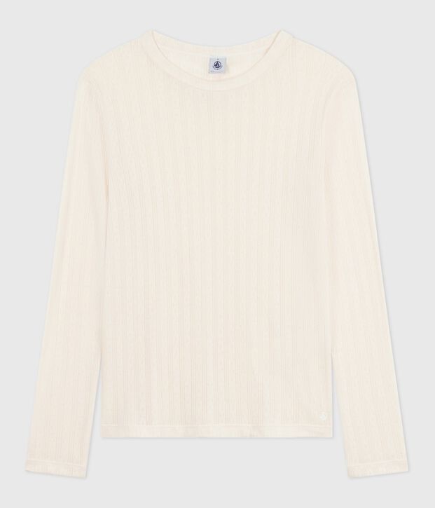 Tee-shirt femme l'iconique en coton ajour&eacute; manches longues blanc cass&eacute;