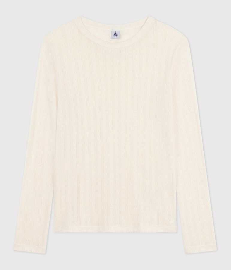 Tee-shirt femme l'iconique en coton ajour&eacute; manches longues &eacute;cru MILK