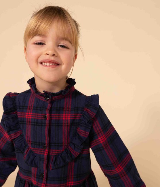 Robe à carreaux manches longues en flanelle de coton à carreaux enfant fille bleu SMOKING/blanc MULTICO