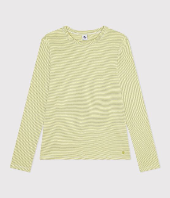 Tee-shirt femme en coton manches longue à rayures vert MOSS/ MARSHMALLOW