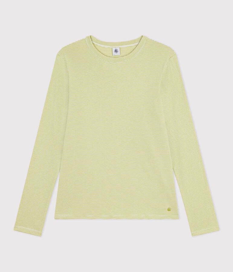 Tee-shirt femme en coton manches longue &agrave; rayures vert MOSS/ MARSHMALLOW