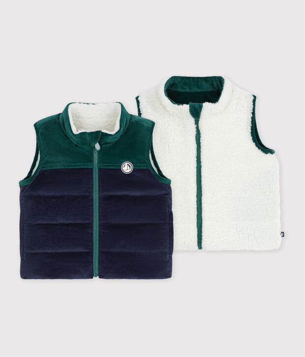Doudoune b&eacute;b&eacute; sans manches en velours r&eacute;versible sherpa bleu/multicouleur