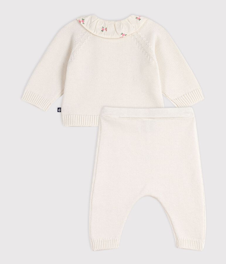 Ensemble 2 pi&egrave;ces b&eacute;b&eacute; en laine et coton et colerette fleurie blanc MARSHMALLOW
