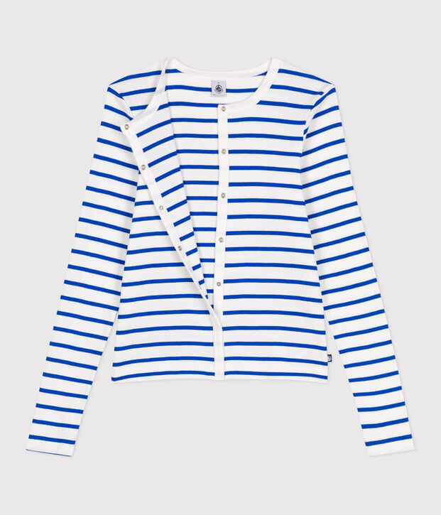 Cardigan femme en coton uni blanc/bleu