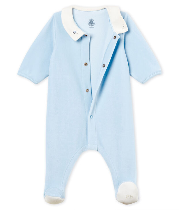 Dors-bien b&eacute;b&eacute; gar&ccedil;on en velours de coton uni bleu clair