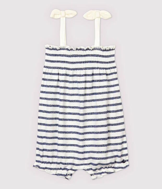 Combinaison courte en coton/lin ray&eacute; b&eacute;b&eacute; fille blanc/bleu