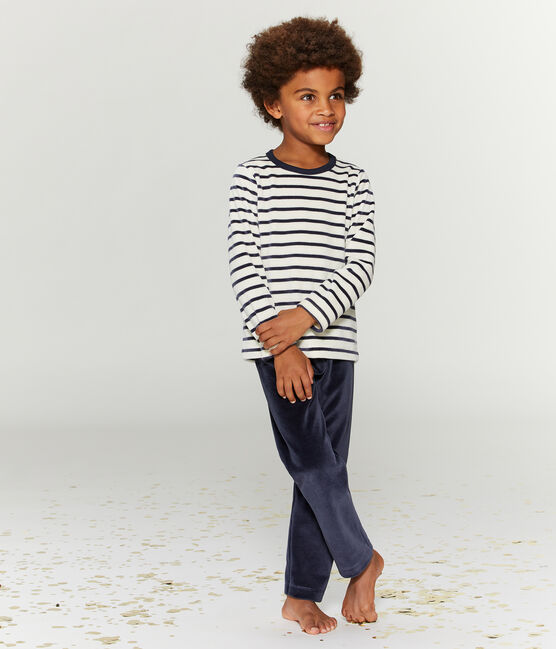 Pyjama petit garçon en velours bleu SMOKING/beige COQUILLE
