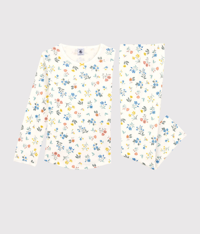 Pyjama fleurs petite fille en coton blanc MARSHMALLOW/blanc MULTICO