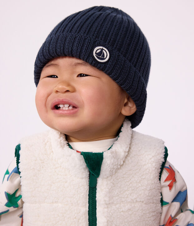Bonnet b&eacute;b&eacute; en tricot doubl&eacute; en polaire bleu marine