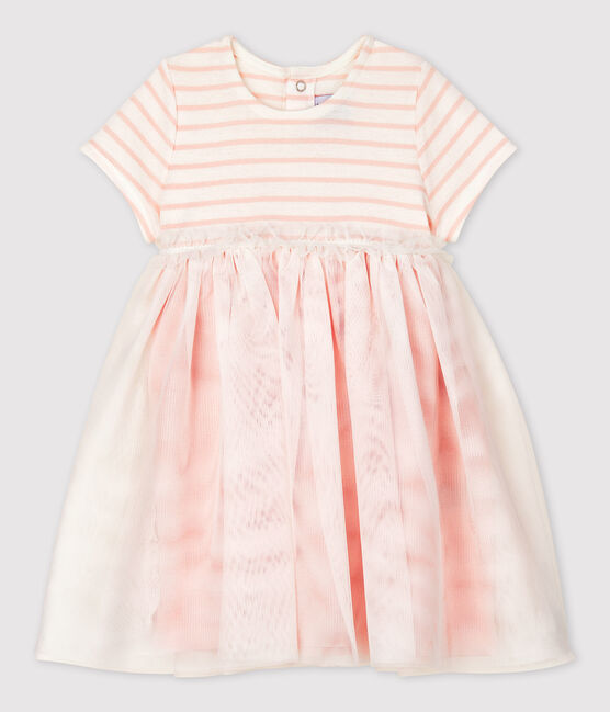 Robe bi-matières manches courtes bébé fille blanc MARSHMALLOW/rose MINOIS