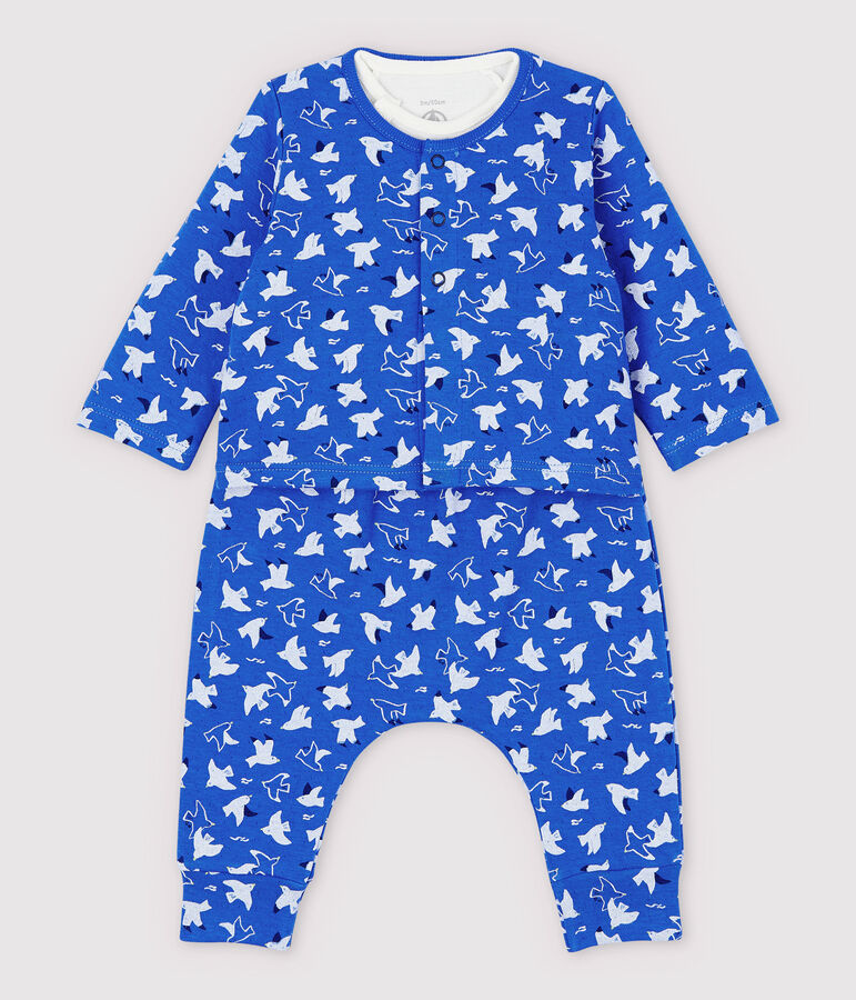 Ensemble 3 pi&egrave;ces bleu b&eacute;b&eacute; en coton biologique bleu COOL/&eacute;cru MULTICO