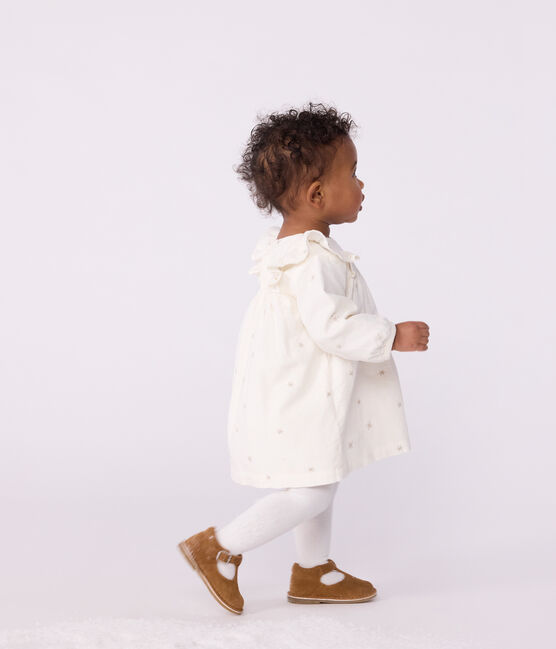 Robe bébé en velours côtelé manches longues brodée écru MILK/ ARGENT