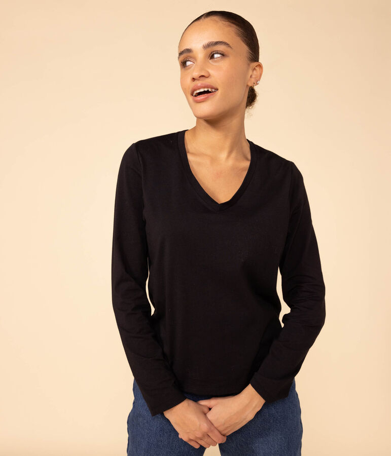 Tee-shirt LE DROIT col V en coton Femme noir