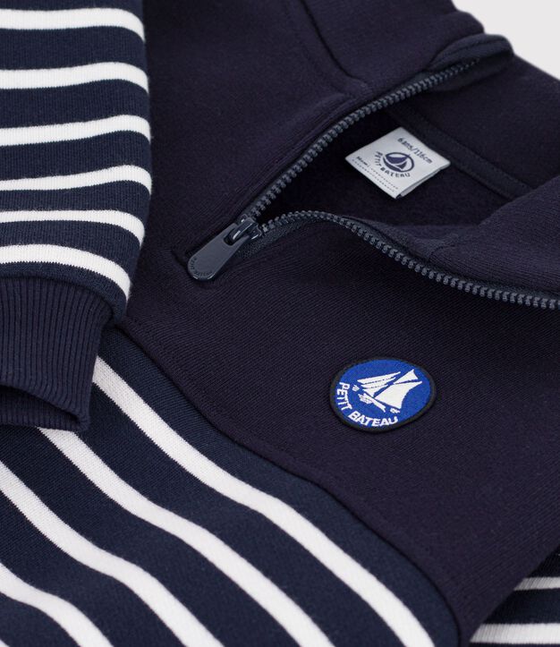Sweatshirt col camionneur enfant en coton &agrave; rayures bleu/blanc