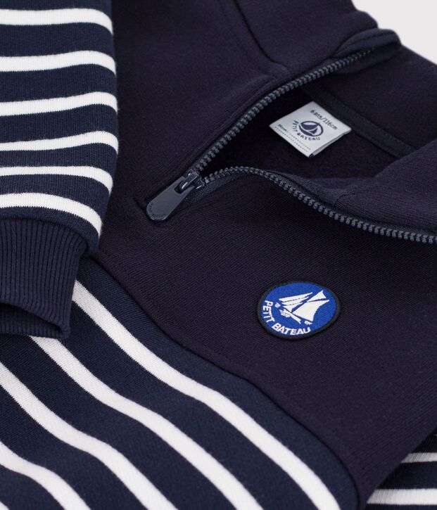 Sweatshirt col camionneur enfant en coton &agrave; rayures bleu/blanc
