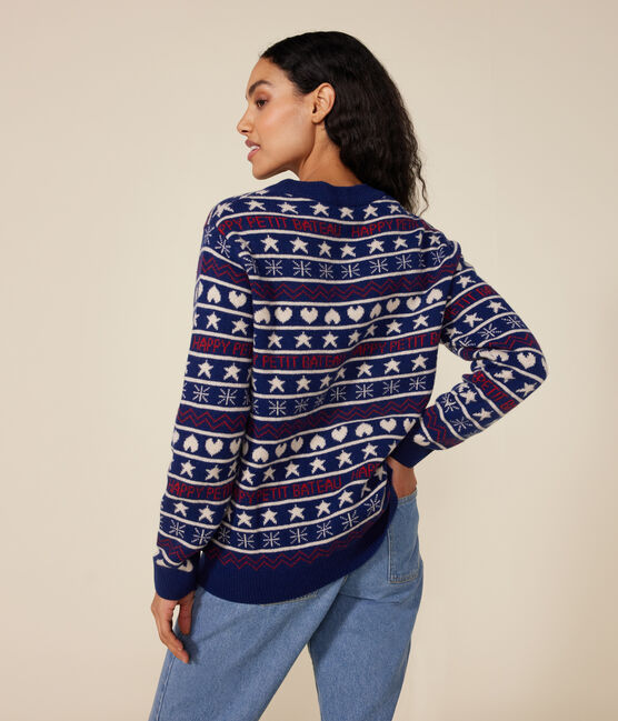 Pull jacquard laine et coton femme bleu MEDIEVAL/blanc MULTICO