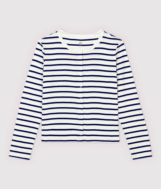 Cardigan en coton/lin ray&eacute; Femme blanc/bleu