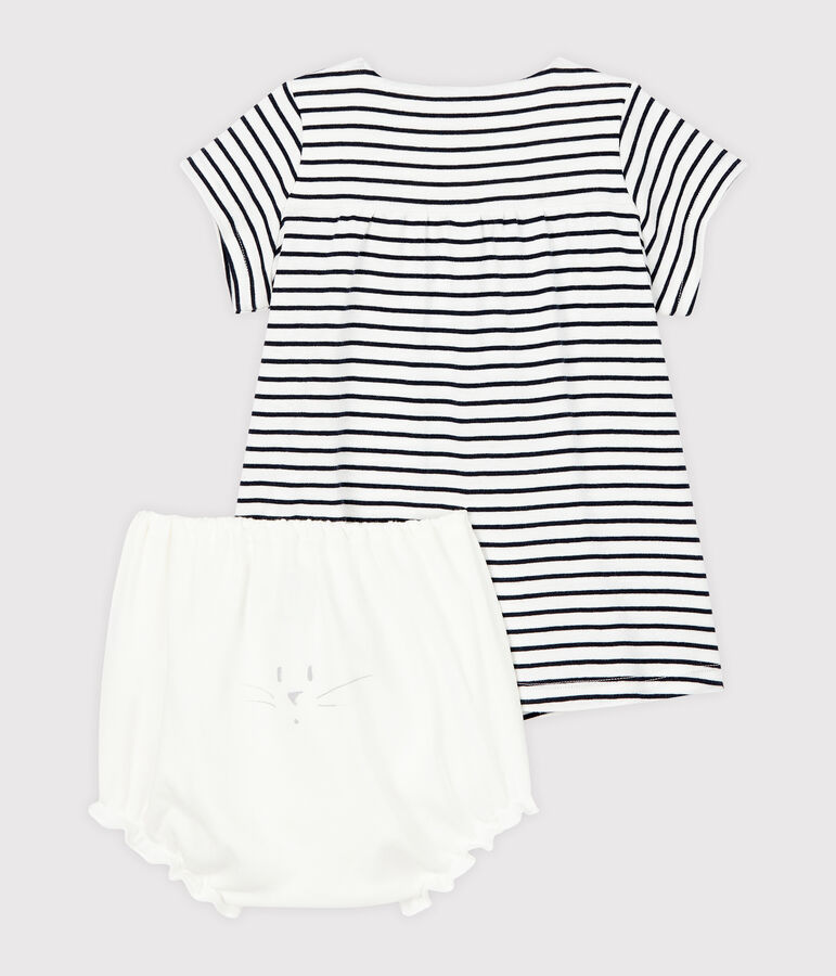 Robe manches courtes avec bloomer b&eacute;b&eacute; fille en c&ocirc;te blanc/bleu