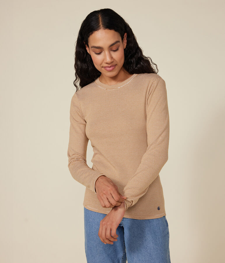 Tee-shirt L'ICONIQUE col rond en coton Femme marron CUIVRE/ MARSHMALLOW