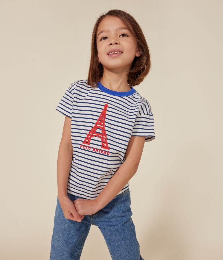 Tee-shirt manches courtes en jersey enfant blanc/bleu