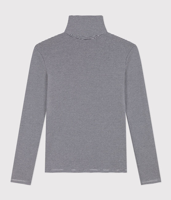 Tee-shirt col roulé L'ICONIQUE en coton Femme bleu SMOKING/blanc MARSHMALLOW