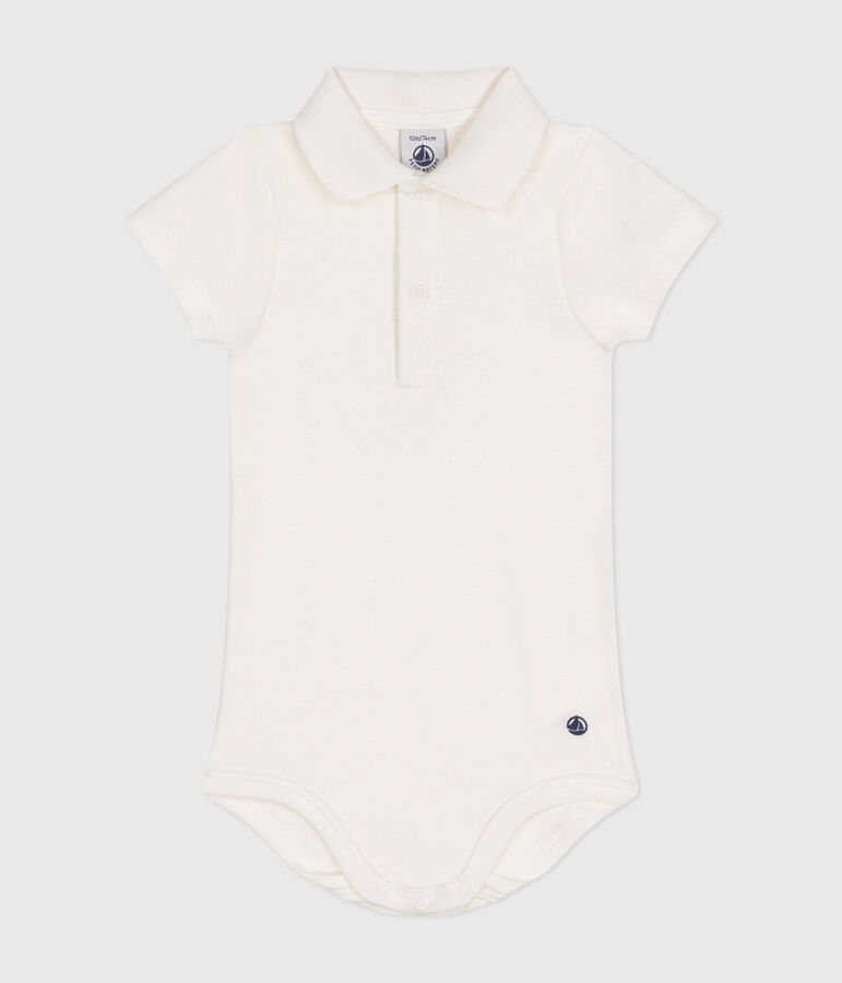Body manches courtes b&eacute;b&eacute; col polo en coton blanc MARSHMALLOW