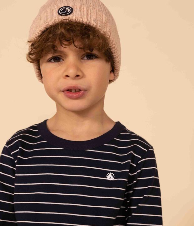 Tee-shirt manches longues en coton enfant gar&ccedil;on bleu/blanc