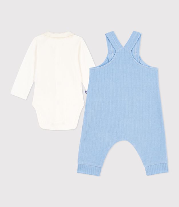 Ensemble salopette/body b&eacute;b&eacute; en coton uni et d&eacute;tails brod&eacute;s bleu/&eacute;cru