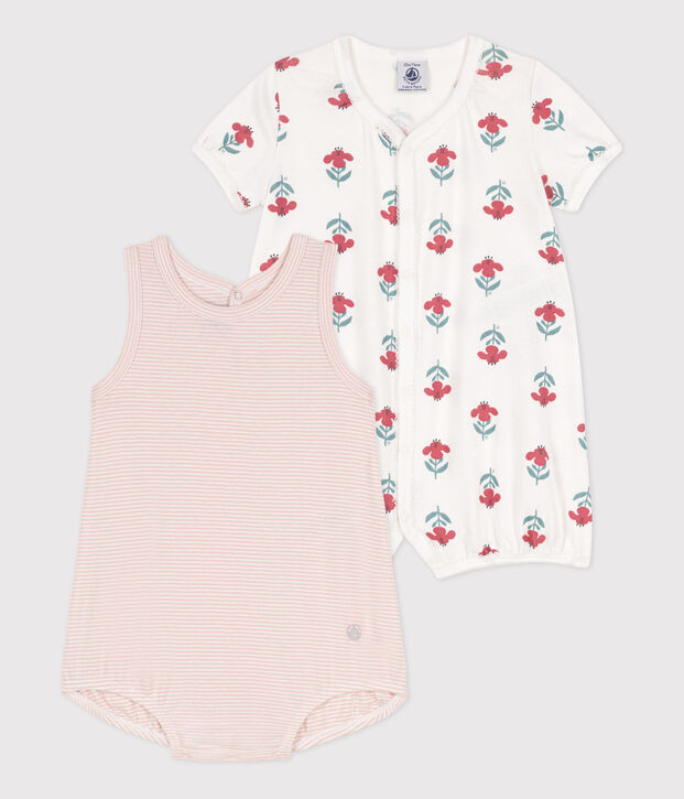 Lot de 2 combinaisons courtes fleurs en coton b&eacute;b&eacute; multicouleur