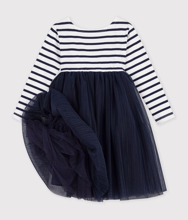 Robe enfant en coton et tulle manches longues &agrave; rayures blanc/bleu