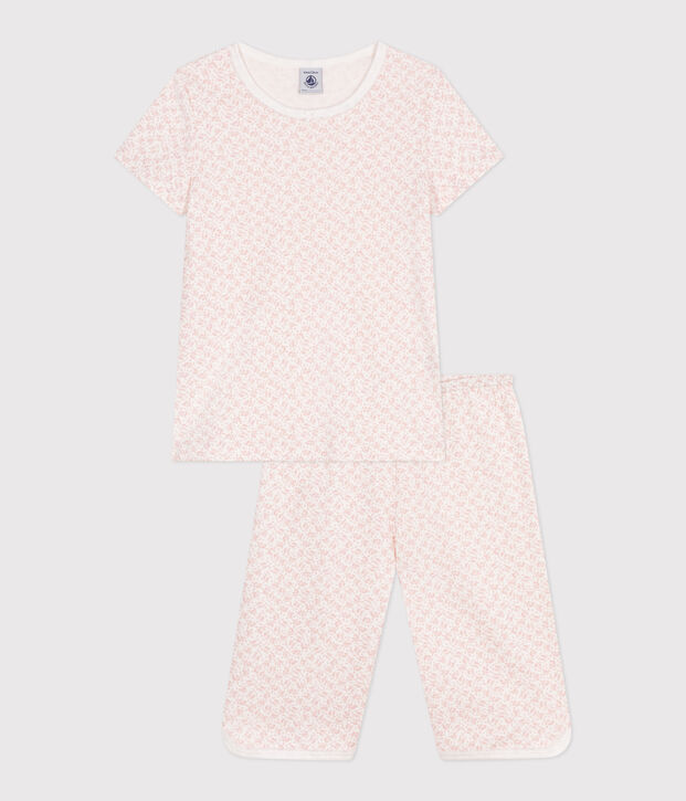 Pyjama capri enfant en coton imprim&eacute; fleuri blanc/rose