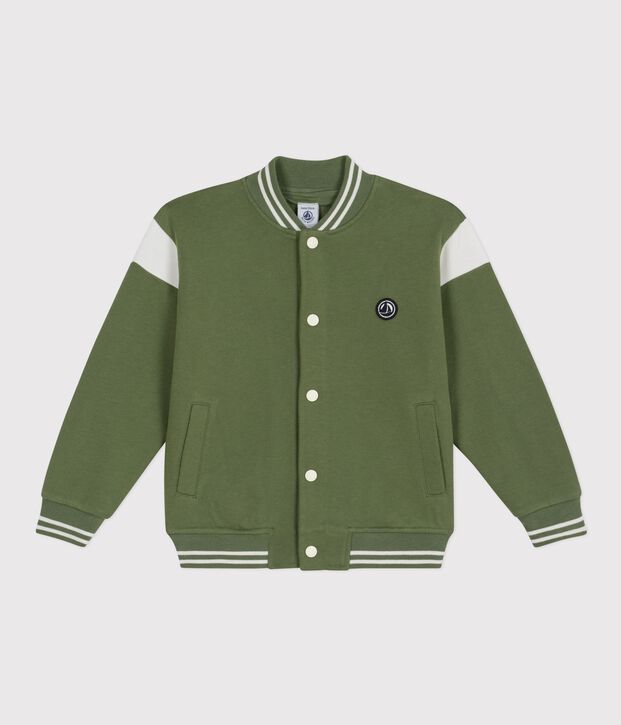 Veste teddy enfant en coton vert/&eacute;cru