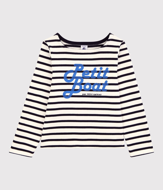 Marinière en coton enfant fille blanc MARSHMALLOW/bleu SMOKING