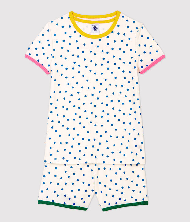 Pyjacourt &agrave; pois bleus petite fille en coton blanc/bleu