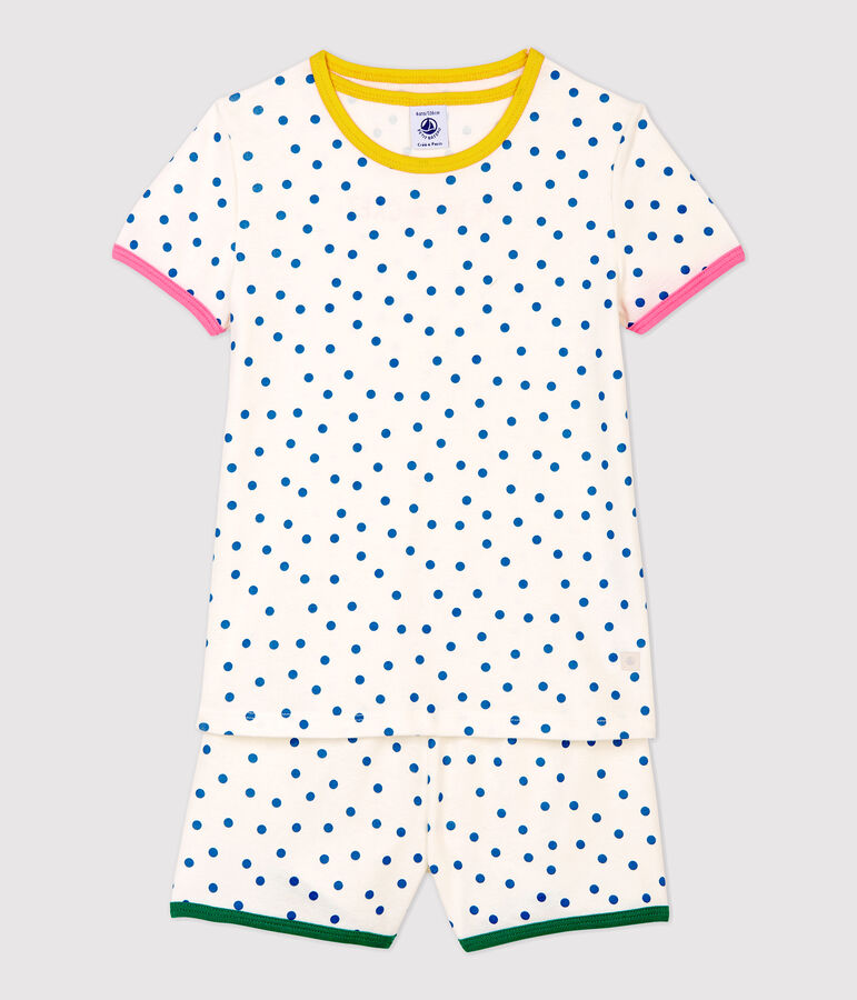 Pyjacourt &agrave; pois bleus petite fille en coton blanc/bleu