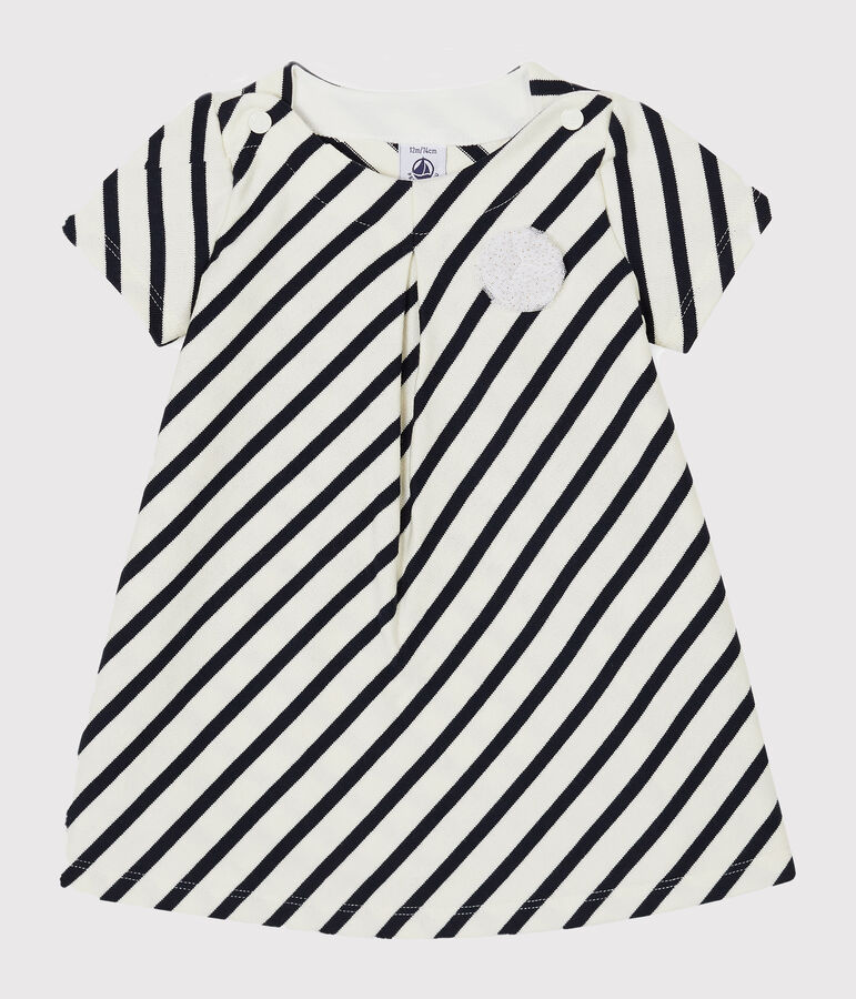 Robe manches courtes b&eacute;b&eacute; fille ray&eacute;e blanc MARSHMALLOW/bleu SMOKING