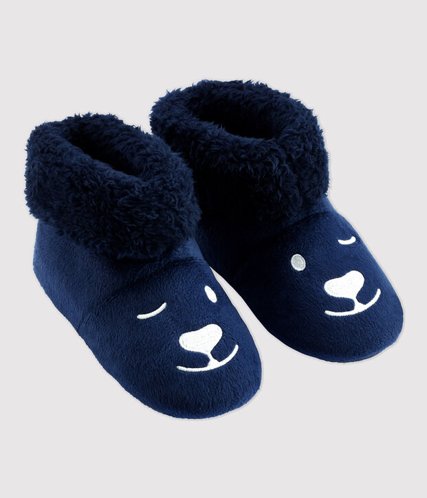 Chaussons ours en polaire enfant bleu fonc&eacute;