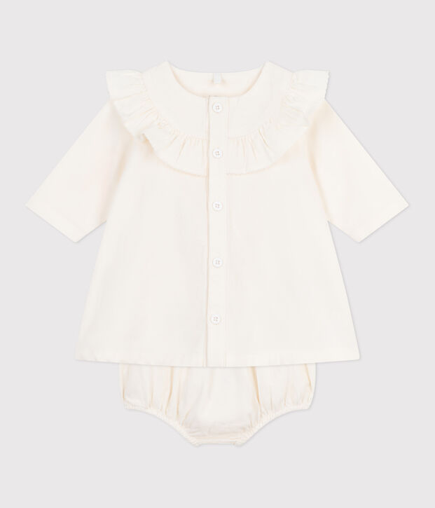 Robe c&eacute;r&eacute;monie b&eacute;b&eacute; en velours brod&eacute; et son bloomer blanc cass&eacute;