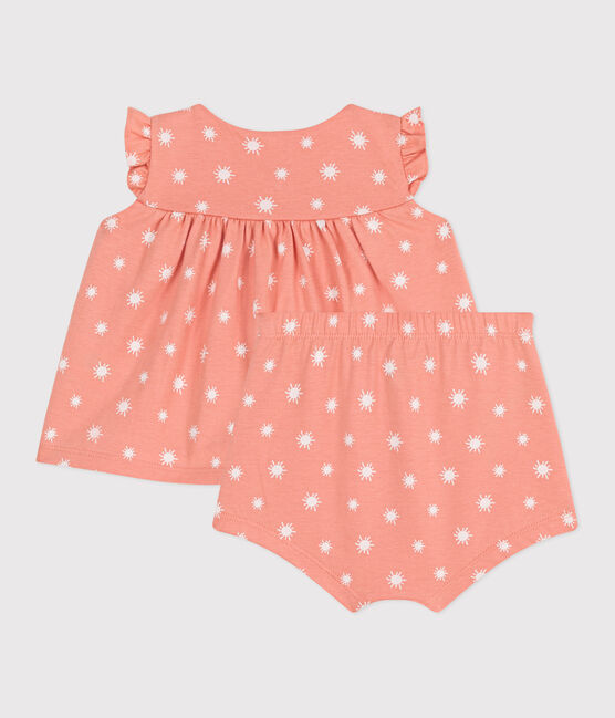 Ensemble naissance deux pièces en coton, imprimé soleils orange ABRICOT/ MARSHMALLOW