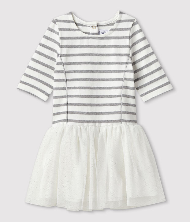 Robe manches courtes enfant fille blanc/gris