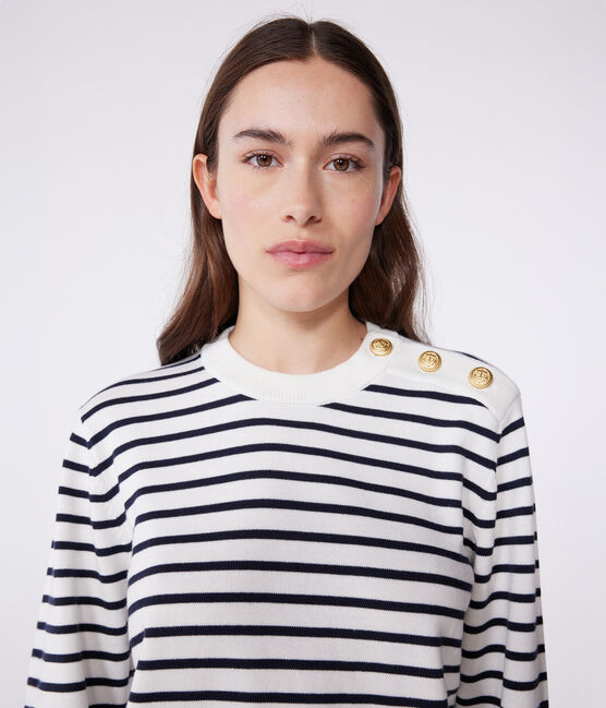 Pull marin femme en coton à rayures blanc MARSHMALLOW/bleu SMOKING