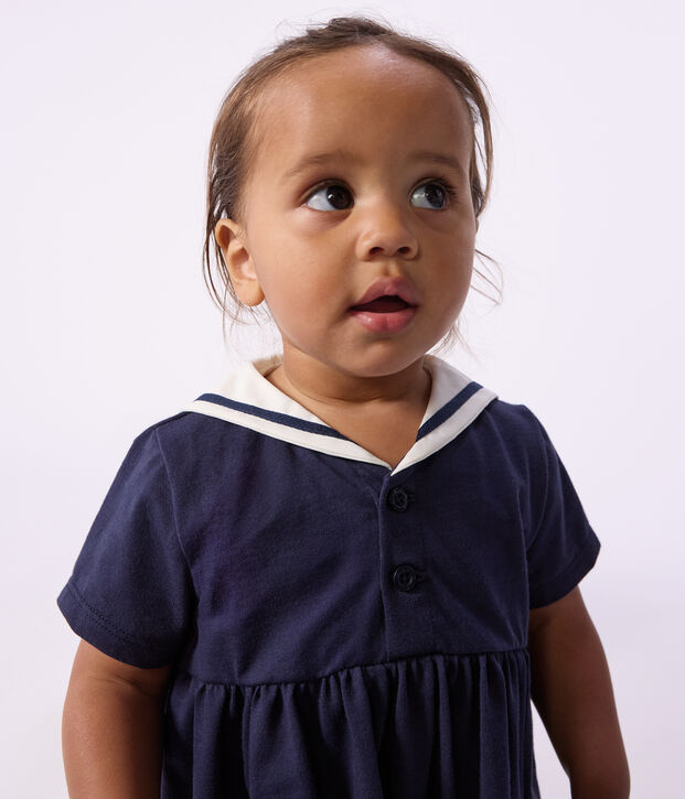 Robe b&eacute;b&eacute; en coton manches courtes, unie avec son col marin bleu marine