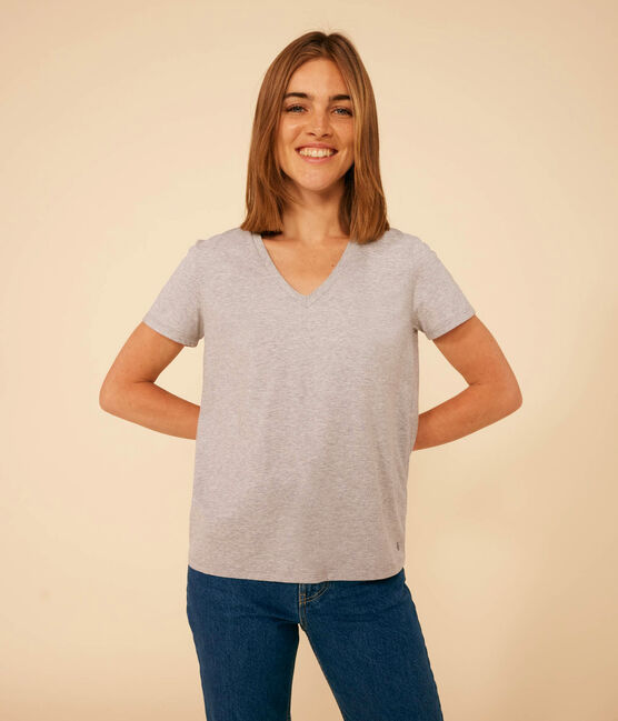Tee-shirt LE DROIT col V en coton Femme gris CHATON CHINE