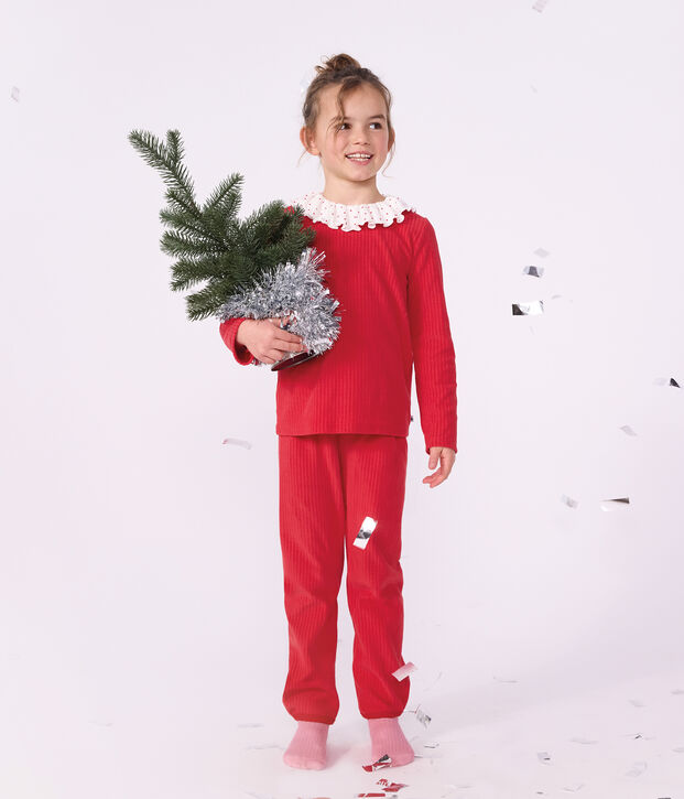 Pyjama enfant en velours c&ocirc;tel&eacute; uni &agrave; collerette rouge