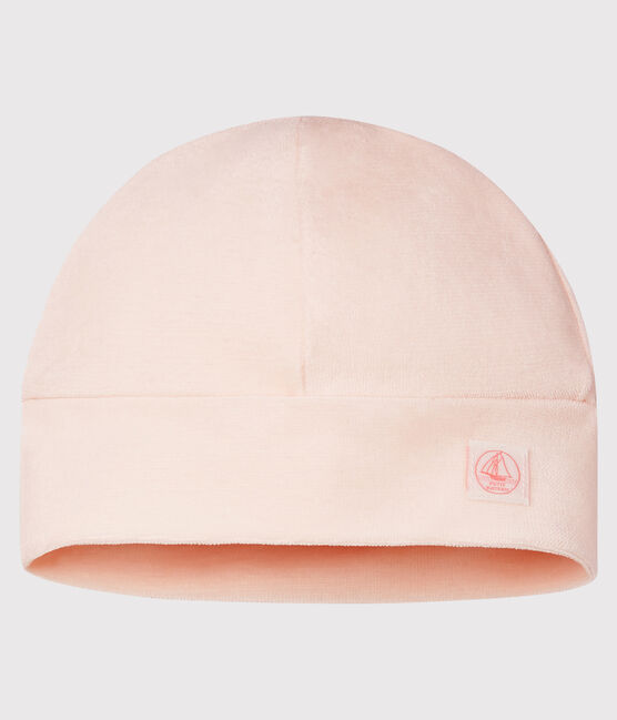 Bonnet naissance bébé en velours rose FLEUR