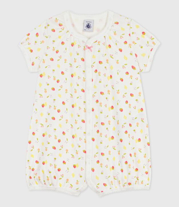 Combinaison courte b&eacute;b&eacute; en coton imprim&eacute; fruits blanc/rose