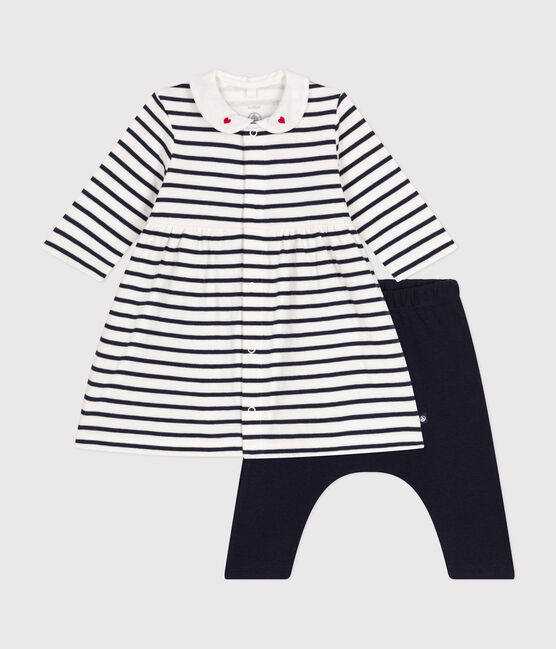 Robe et legging en coton bébé blanc MARSHMALLOW/bleu SMOKING